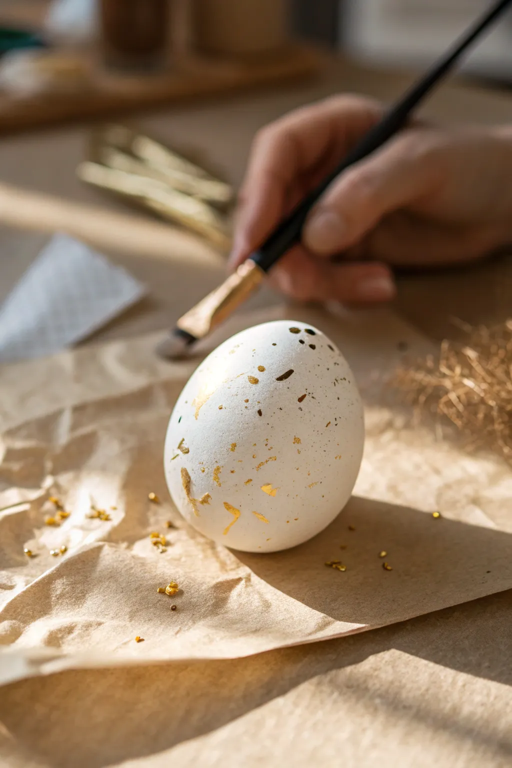 Metallic splatter and ink flicks on a simple eggshell, clean and intentional in minimal style
