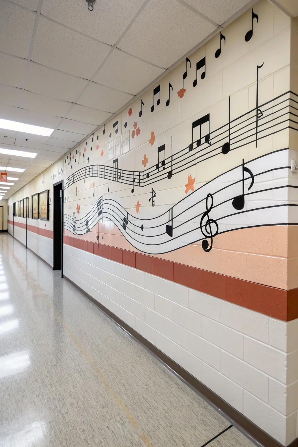 Minimal music notes parade mural idea to brighten an elementary hallway with calm boho charm