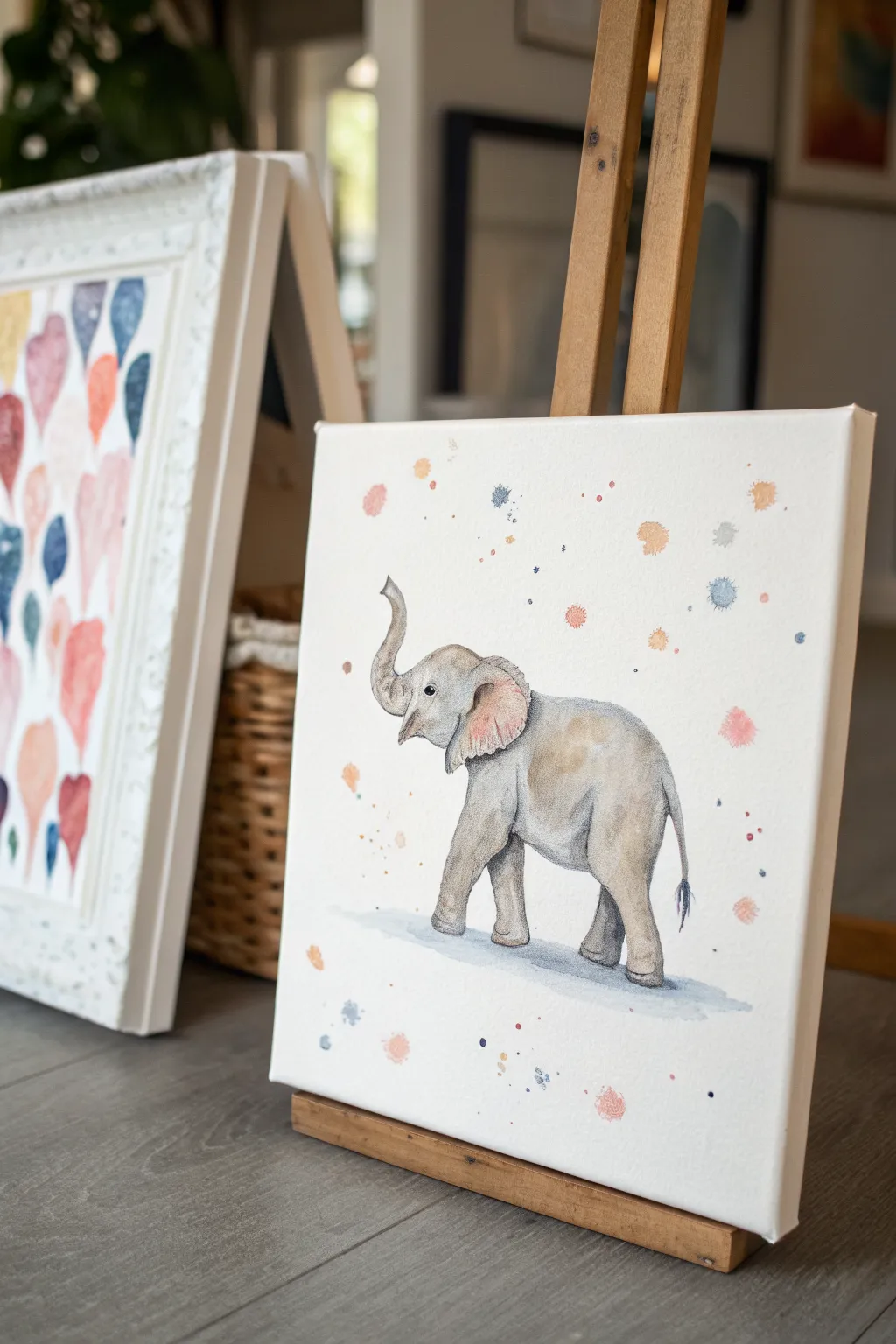 Paint a sweet baby elephant with airy white space and bright splatter dots for playful contrast.