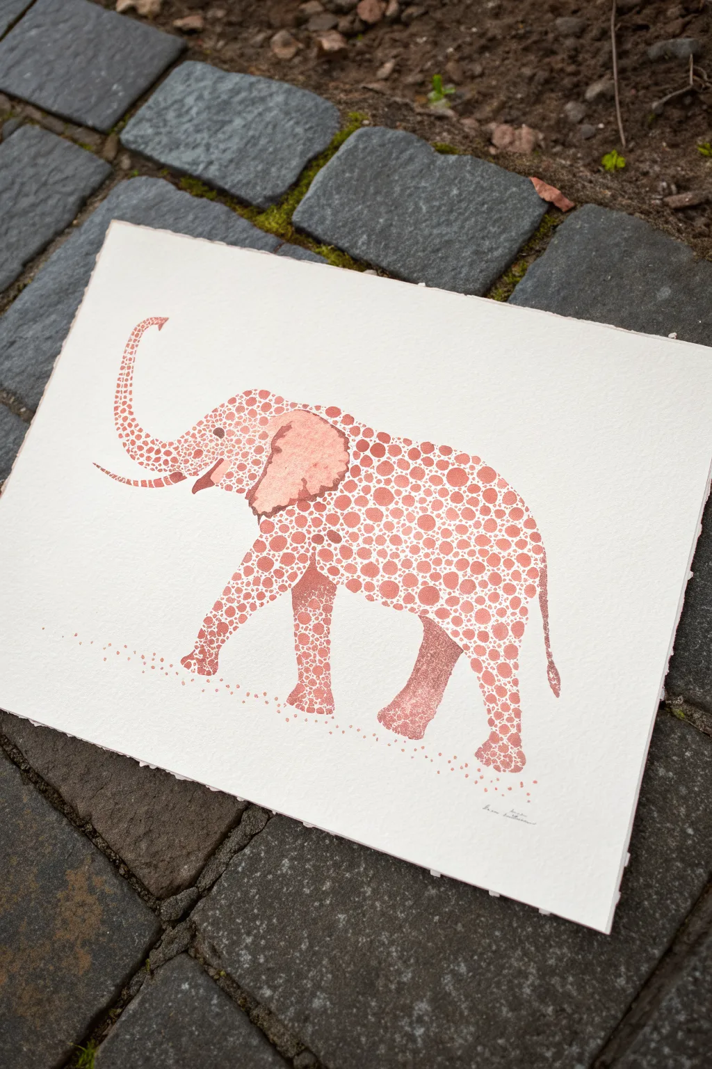 Minimal dot art elephant with a soft terracotta to sand gradient, clean and calming to paint