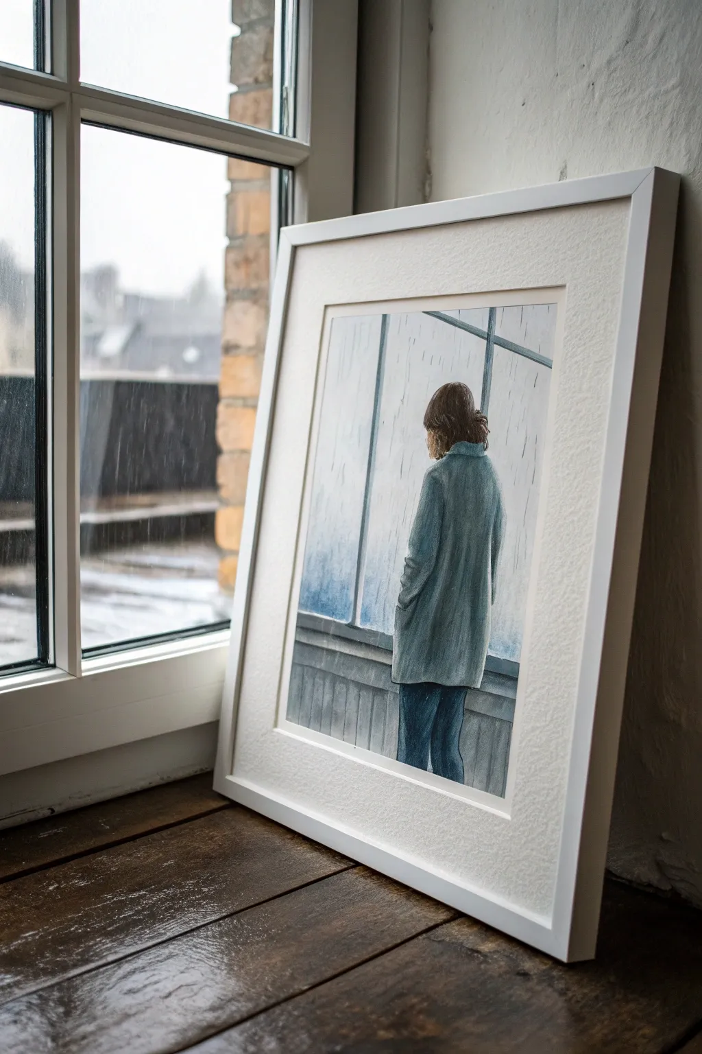 Paint loneliness with a lone figure by a rain-streaked window in cool grays and hushed light.