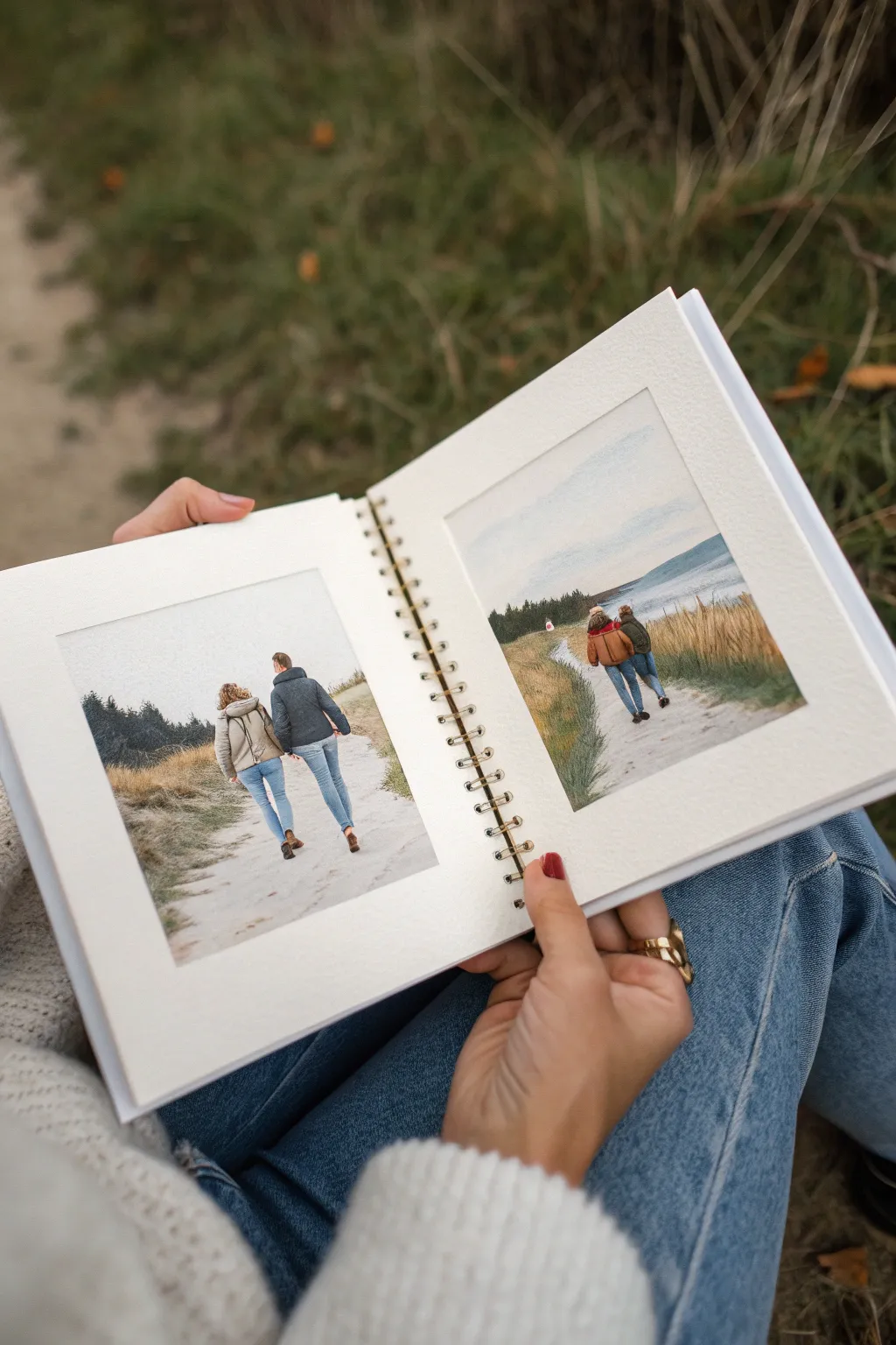 Before-and-after diptych mini paintings that tell an engagement story in calm, cohesive tones