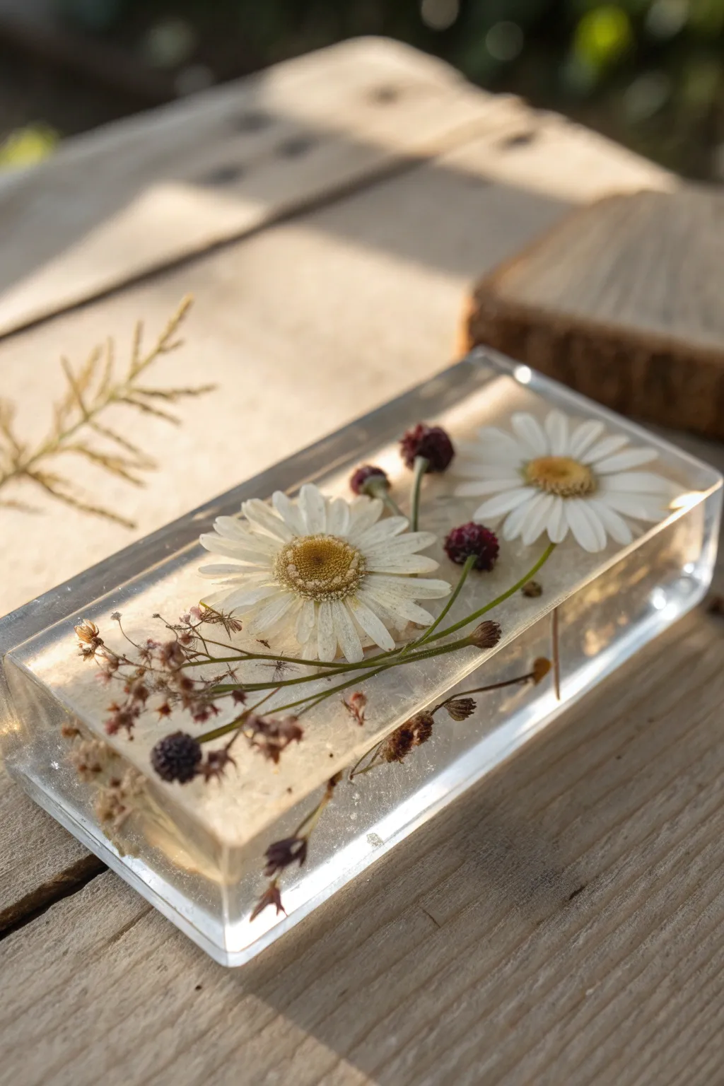 Crystal-clear epoxy paperweight with petals and beads, sunlit edges revealing a tiny time capsule.