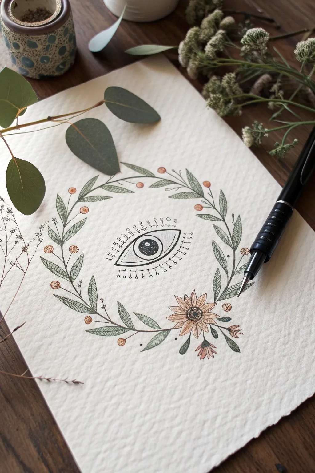 Delicate botanical evil eye wreath in clean linework with soft boho watercolor accents
