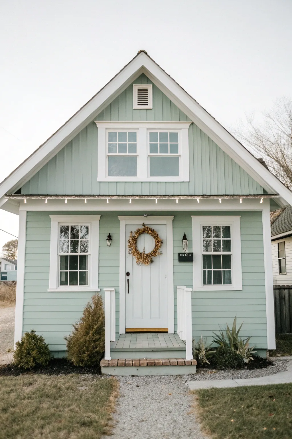 Muted pastel cottage with crisp white trim for fresh contrast and charming curb appeal.