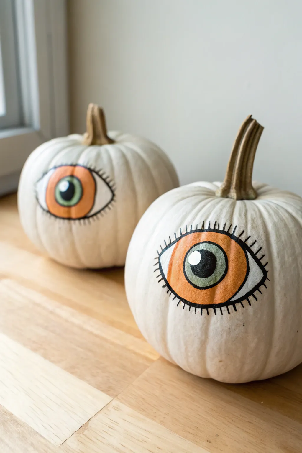 Matching eyeball pumpkins in a minimalist boho mantel scene, spooky yet chic for fall.
