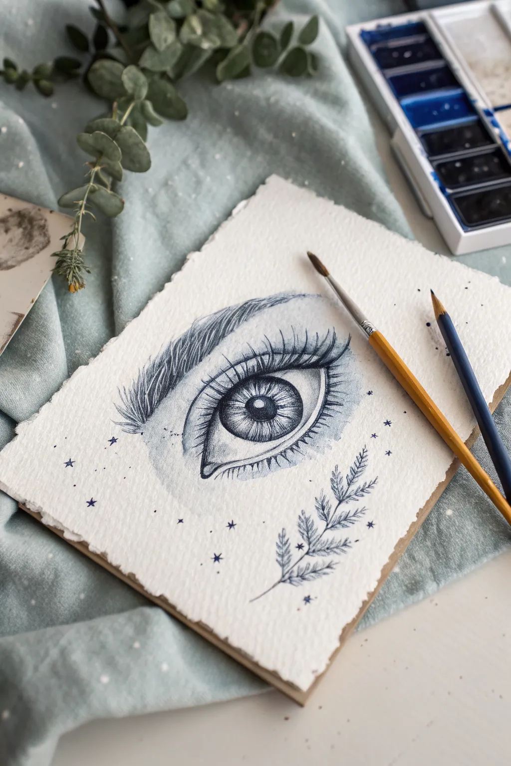 Monochrome color-locked eye in one hue and white, layered tones and splatters with strong contrast.