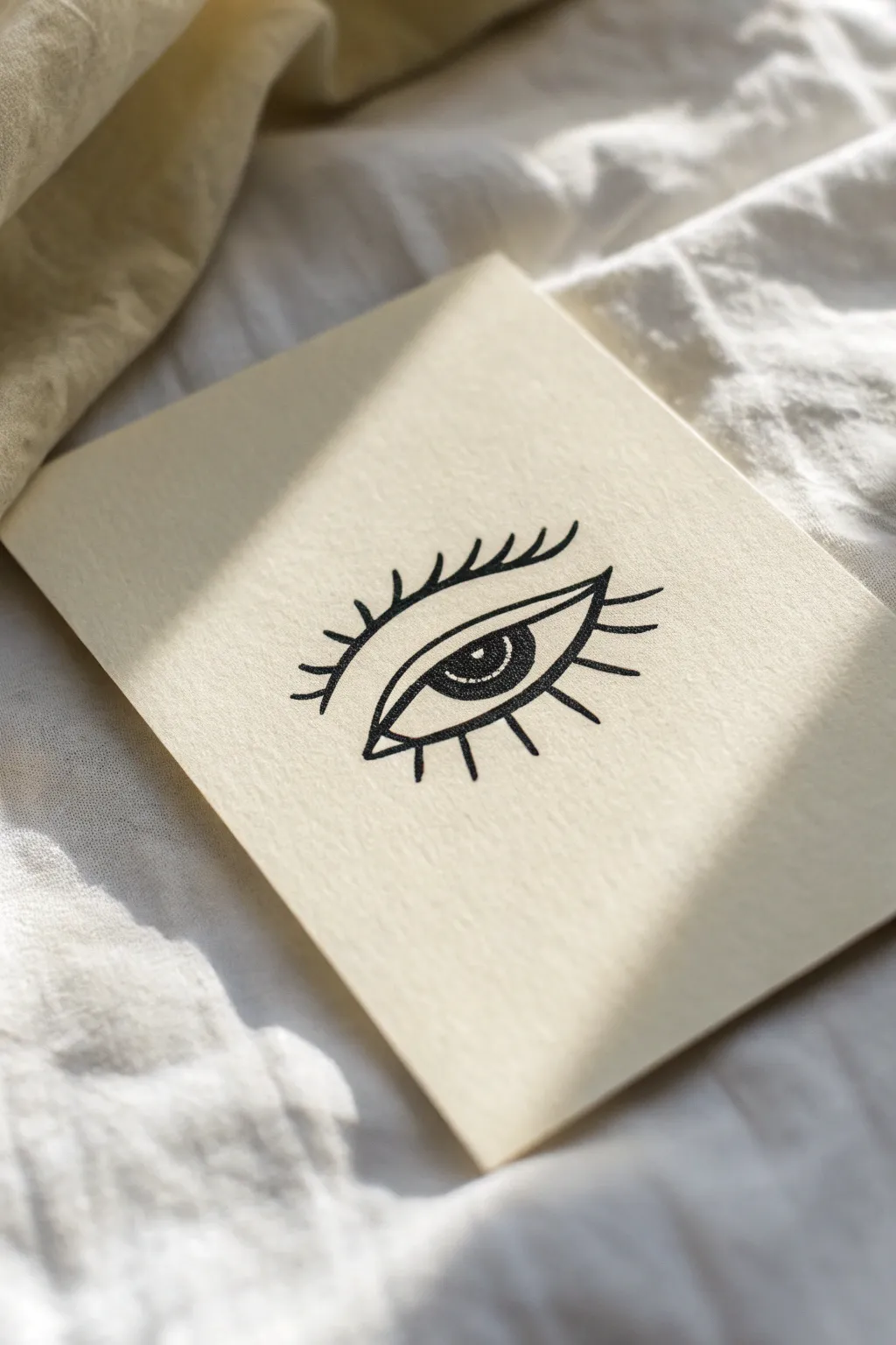 Playful winking eye line sketch with cheek squish, minimal Scandinavian-boho character cue.