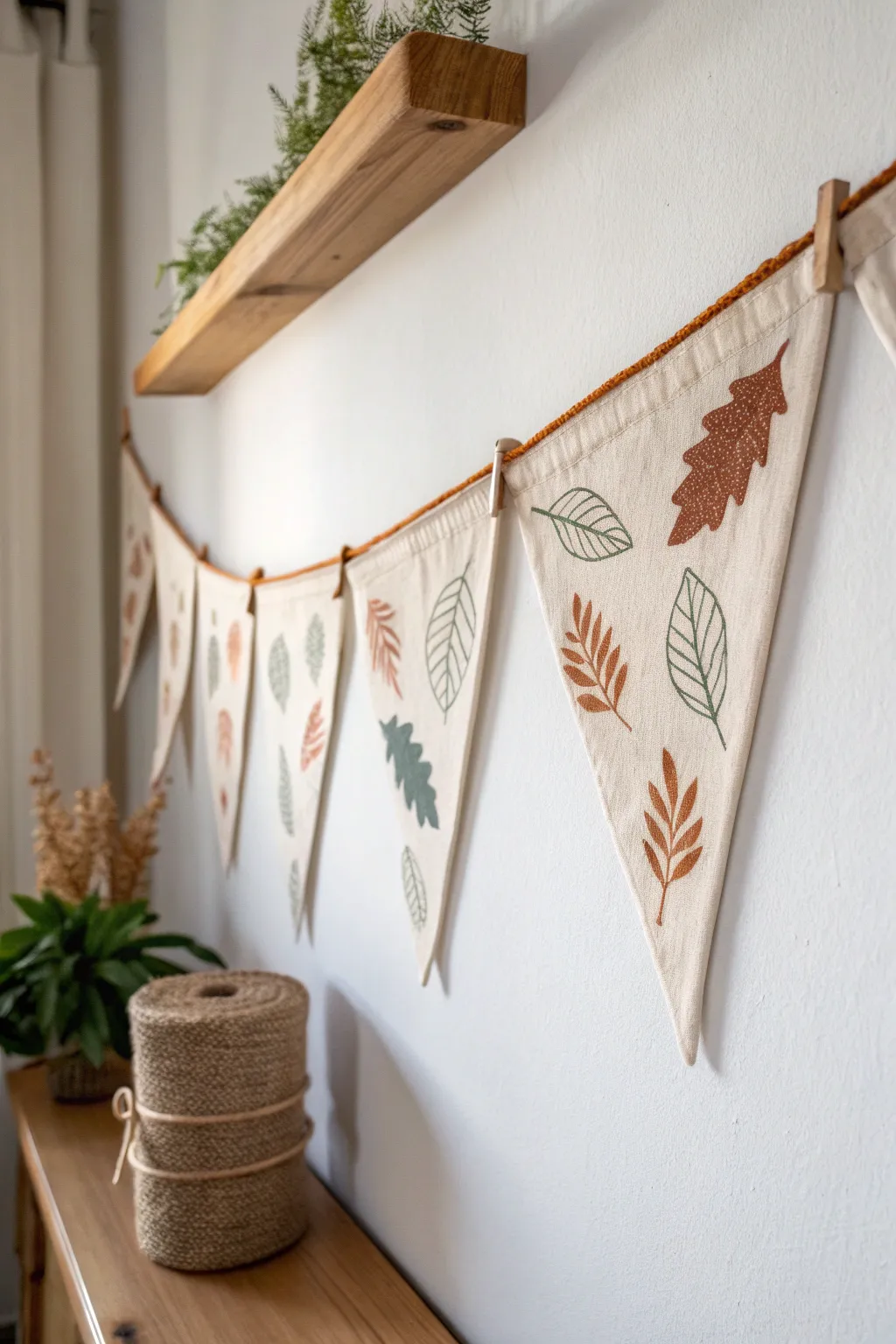 DIY stamped leaf bunting on fabric triangles, a minimalist nature touch for your craft corner.