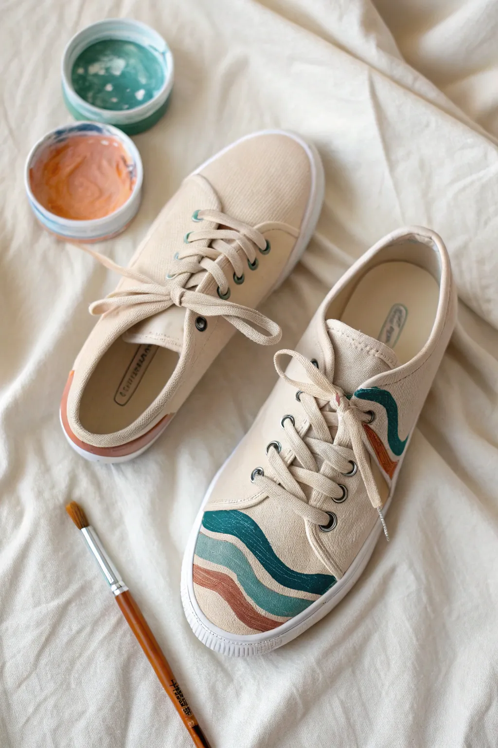 Clean-edge painted sneakers using masking tape, showing a finished shoe beside a work-in-progress.