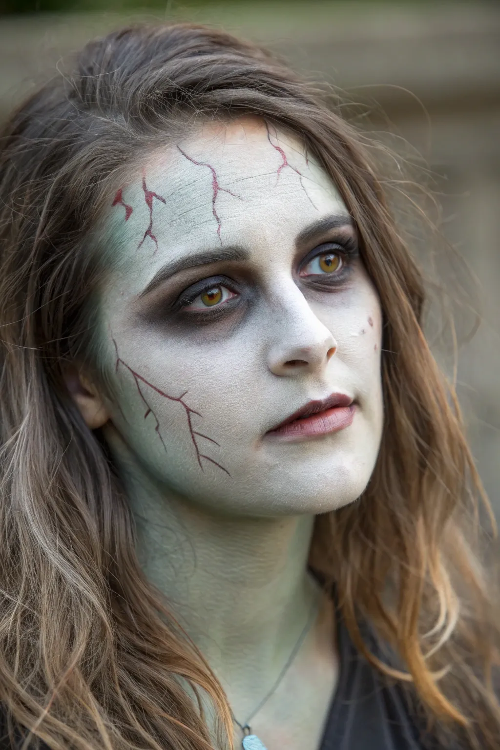 Classic zombie grunge face paint with cracked texture, gray-green shadows, and stark highlights.