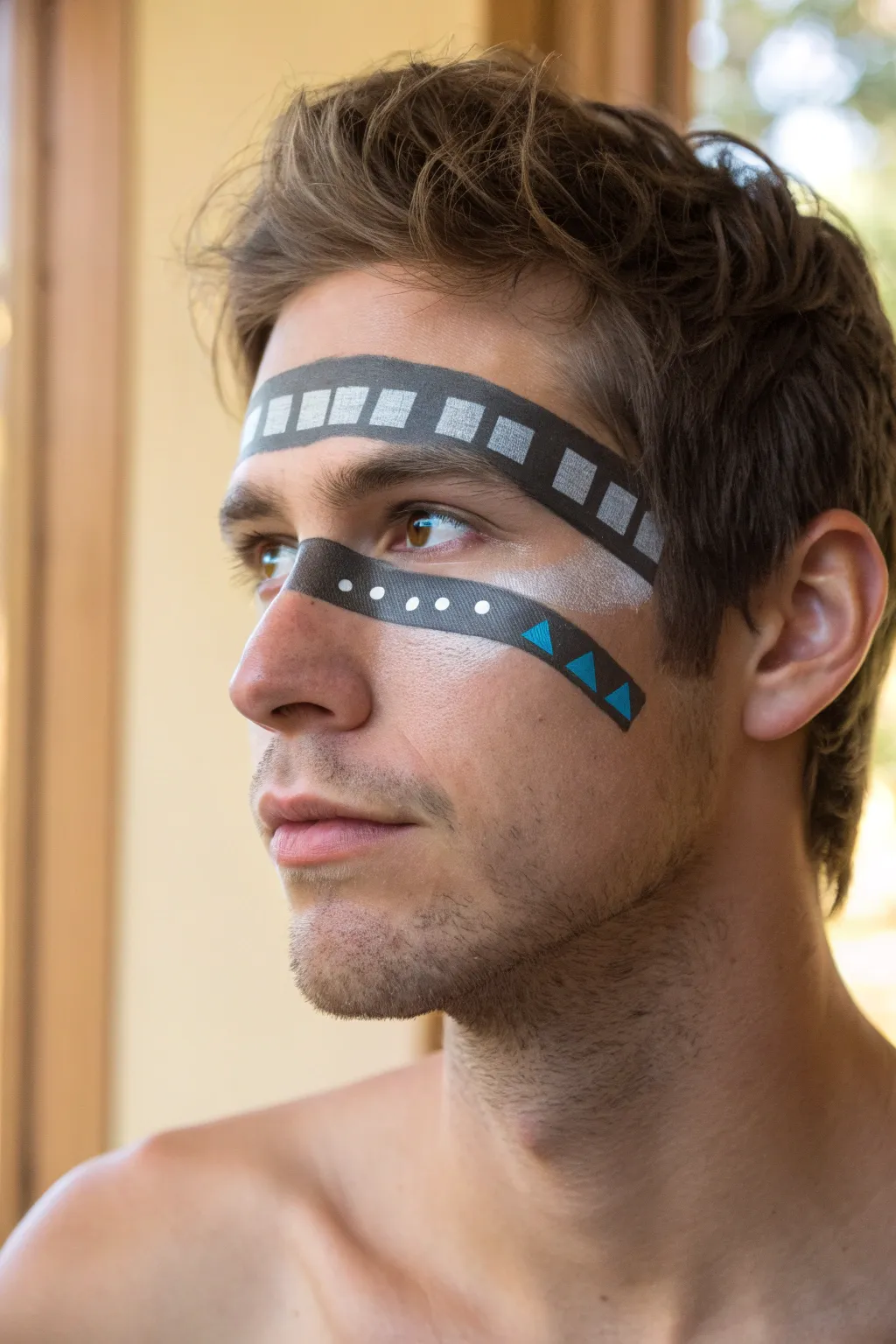 Glitchy tech eye mask face paint: bold pixel band in black, gray and electric blue