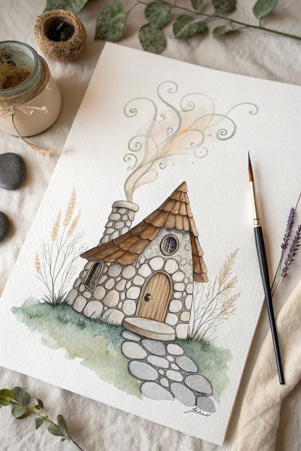 Crooked stone chimney with calligraphic smoke, a minimalist fairy-house detail to draw