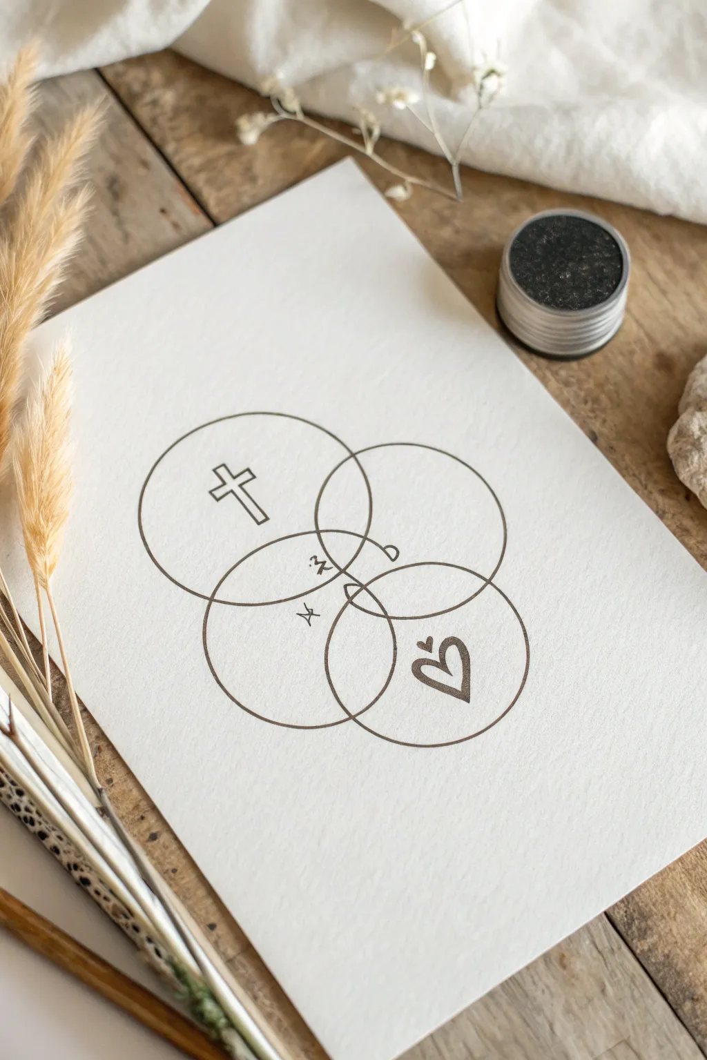 Clean minimalist faith hope love Venn diagram with cross, dove and heart icons, soft boho wash