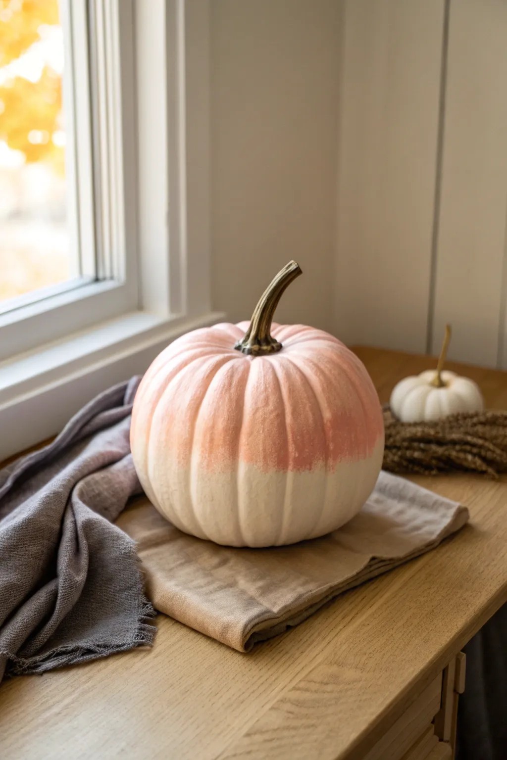 Soft ombre faux pumpkin painted blush to cream, an easy minimalist fall decor DIY.