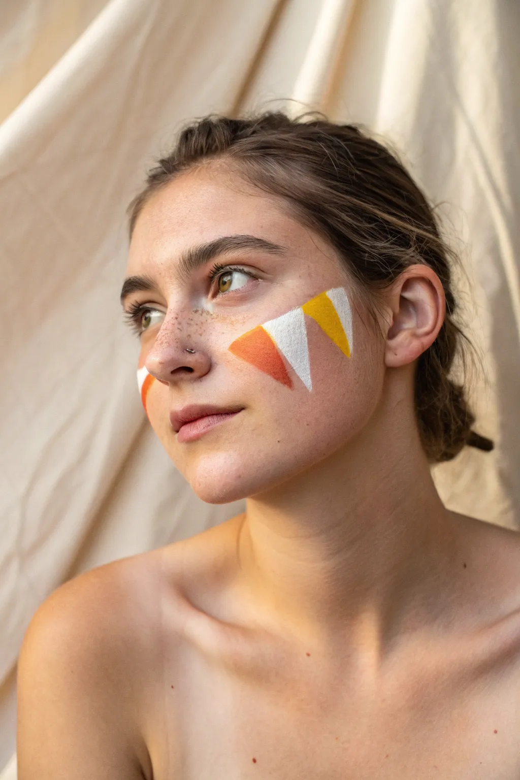 Candy corn color-block cheeks: crisp white, yellow, and orange triangles for a modern fall look