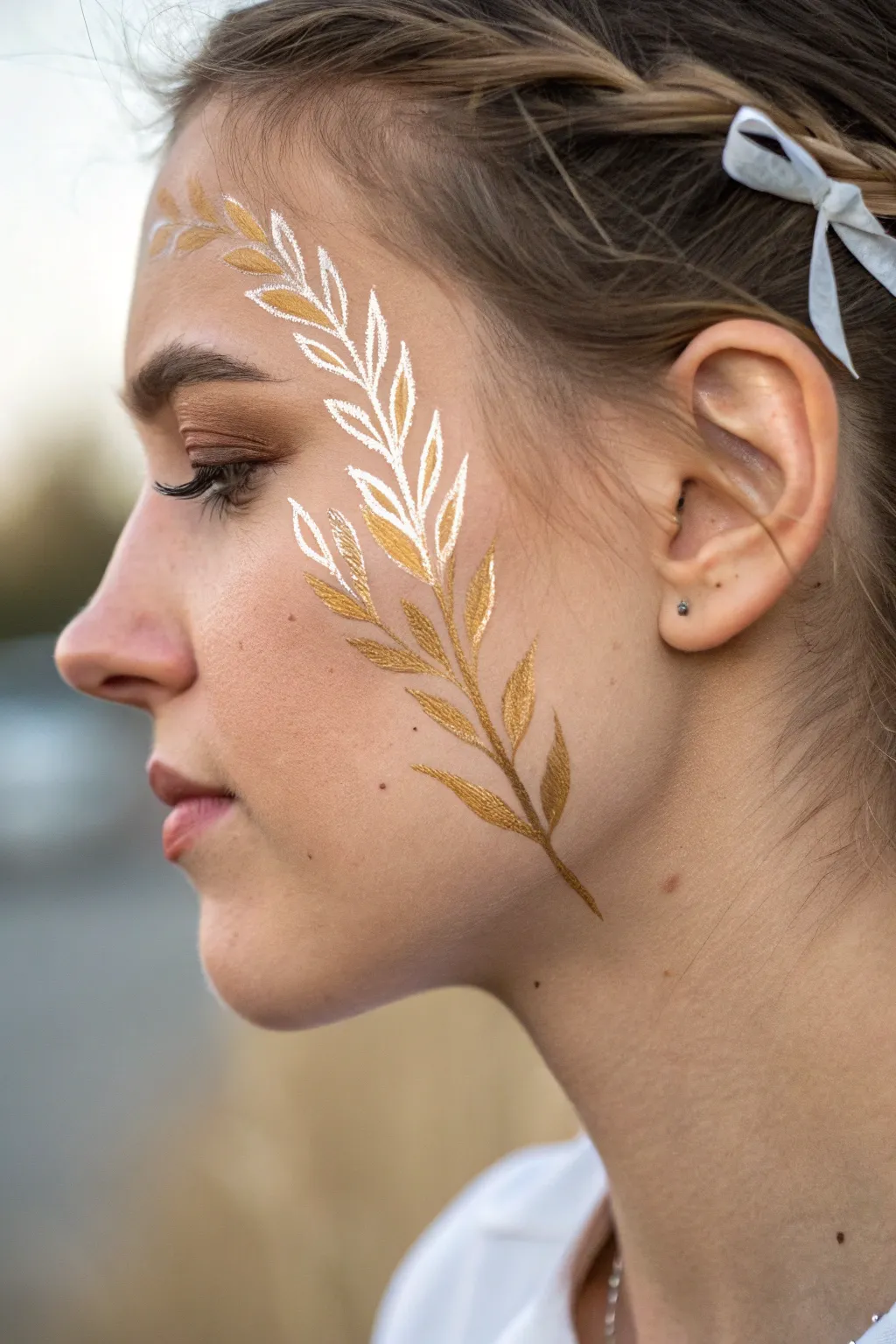 Golden wheat stalk face paint with a tiny ribbon, simple and boho for fall festivals