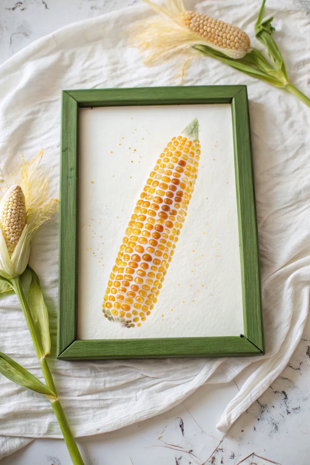 Minimalist fall corn cob finger painting with warm fingerprint kernels and simple green husks