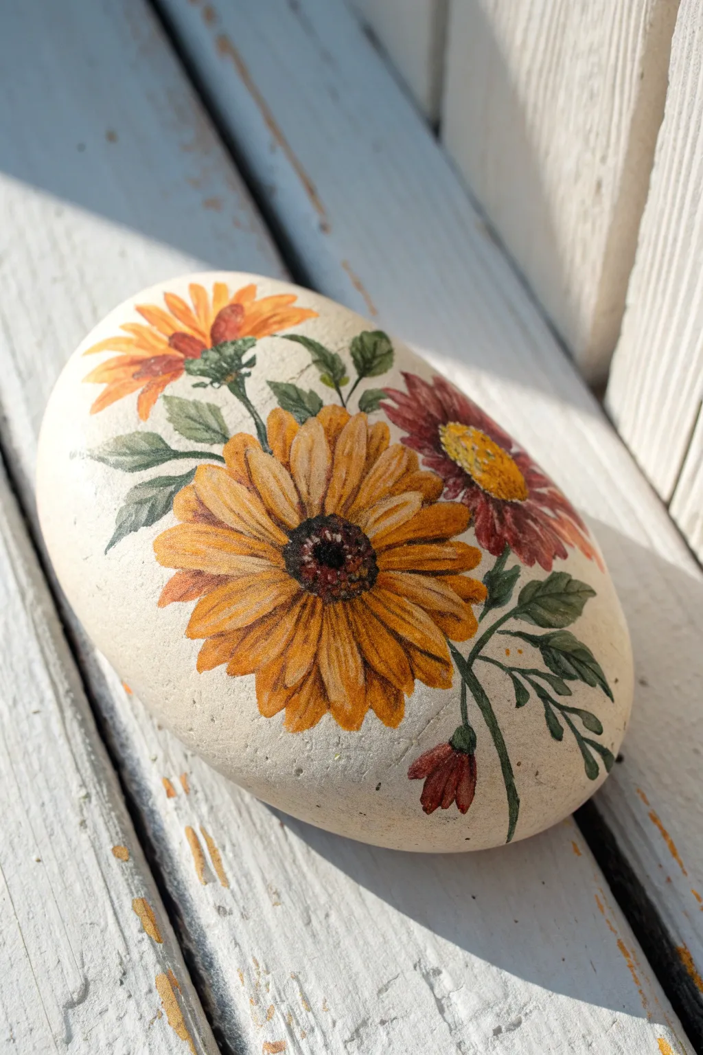 Cozy fall rock painting: one sunflower and mum bouquet stone on weathered wood, warm and minimal.