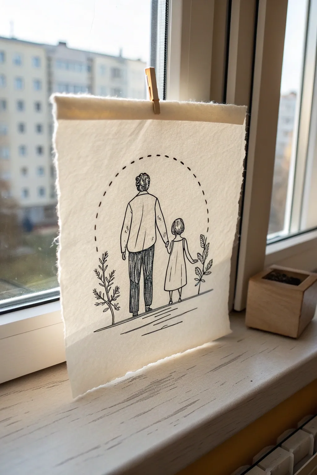 Minimal line art of parents forming a protective circle around their kids, calm and connected