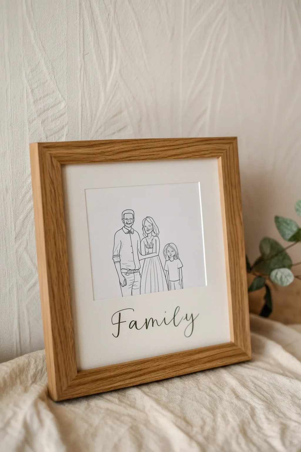 Giftable family portrait print in a light oak frame, with elegant name and date beneath.