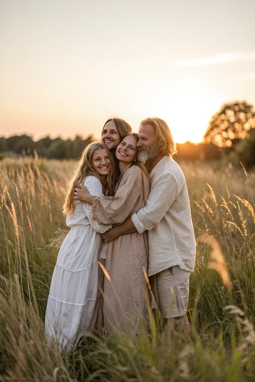 Golden hour family portrait in tall grass with warm rim light and calm Scandinavian boho tones.