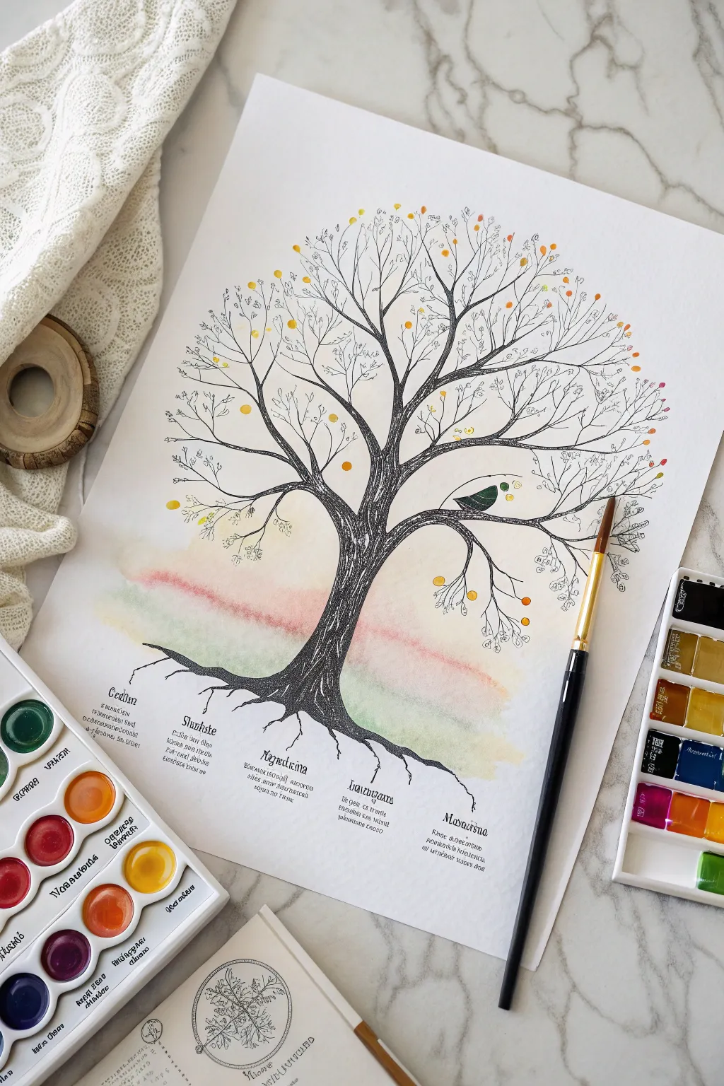 Rainbow color-coded family lines in a minimalist family tree drawing with a clean swatch legend