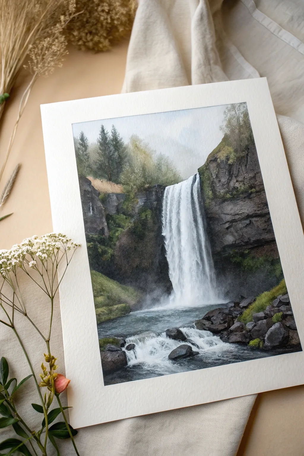 Fan brush waterfall mist and splash with soft fades into rocks and calm greenery