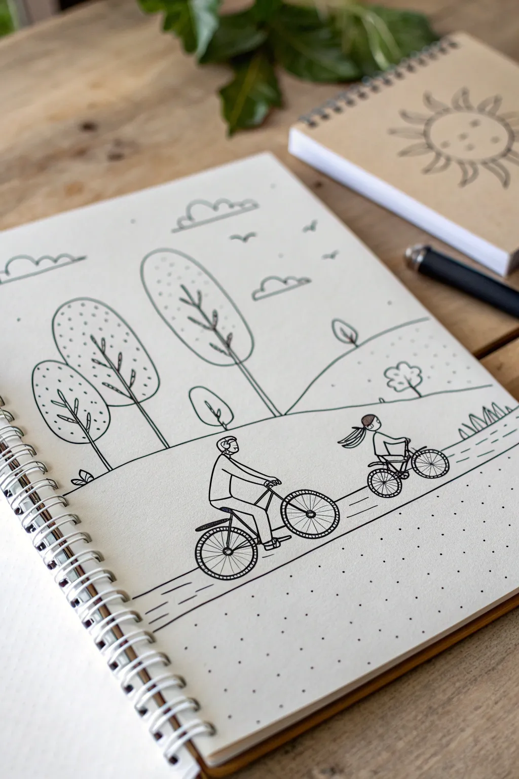 Simple father-daughter bike ride sketch idea with cozy outdoors vibe and clean minimal lines
