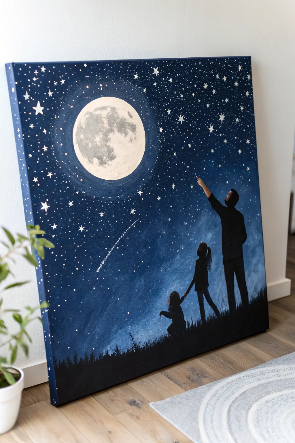 Night sky Fathers Day painting idea with a glowing moon and dad daughter silhouette pointing to stars