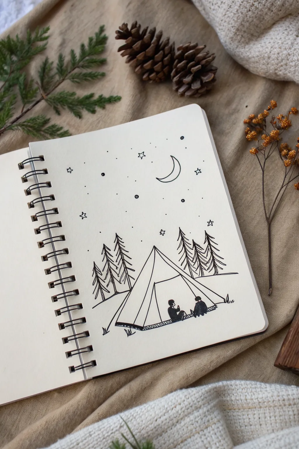 Minimal camping-night sketch idea: tent, tiny fire, and dad with kid under a calm starry sky.