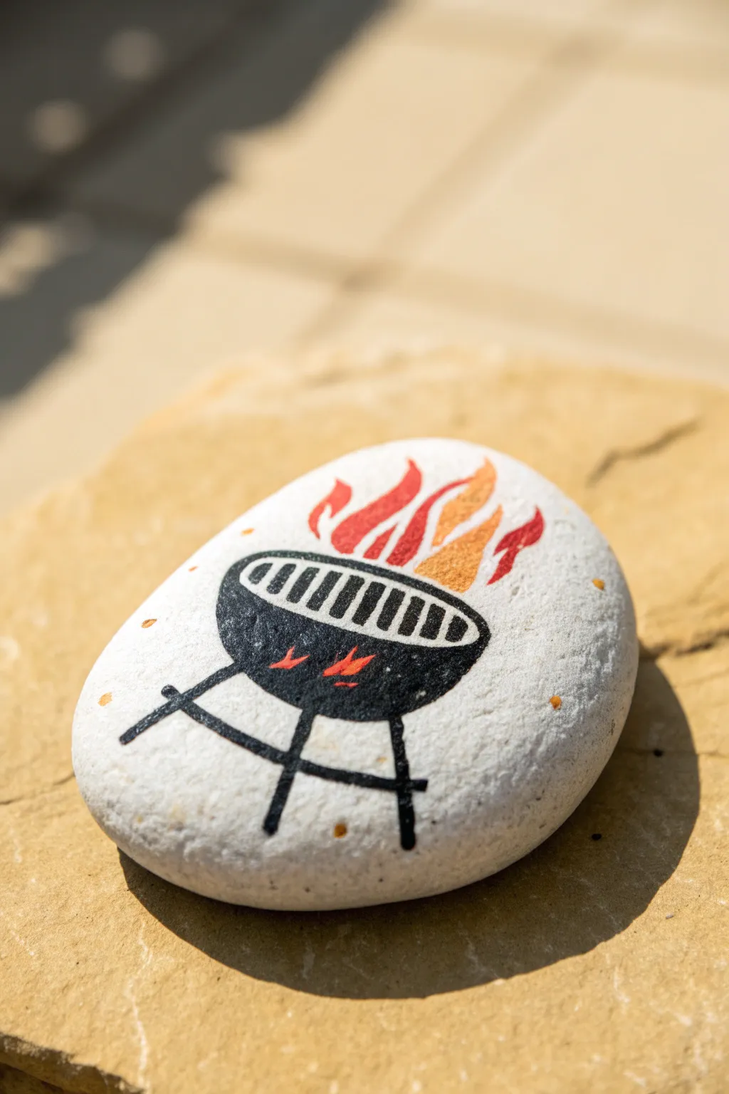 Fathers Day rock painting idea: simple grill silhouette with bold flames in minimal Scandi boho style