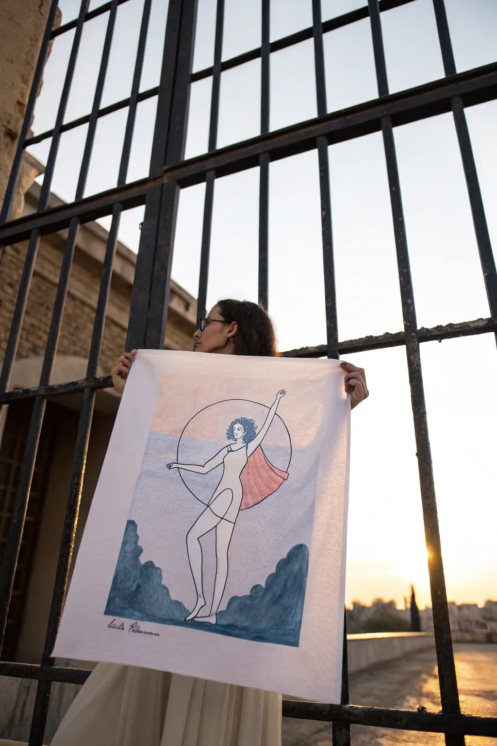 Window grid metaphor: a woman moves from caged shadows into open, sunlit freedom.