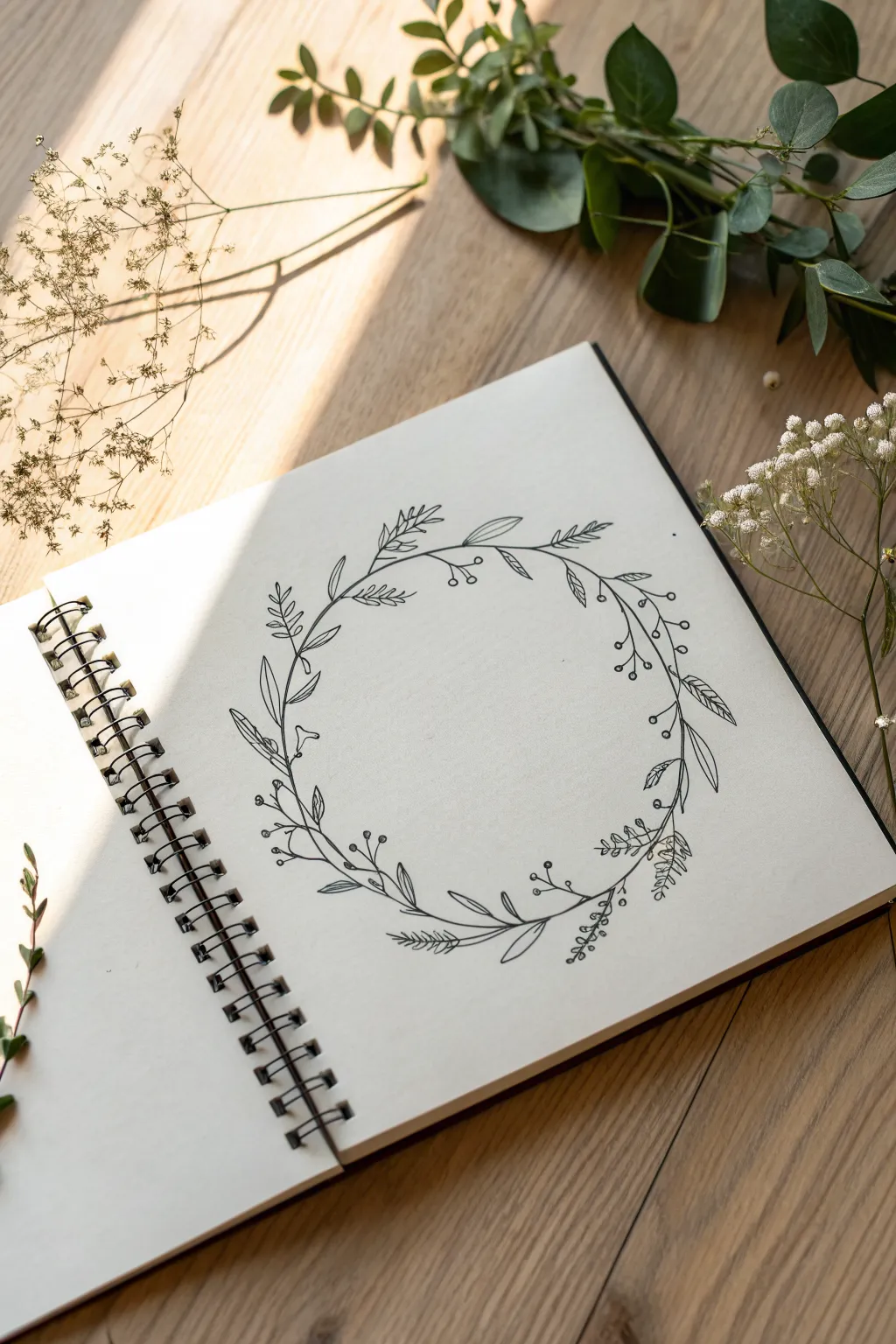 Delicate fine line botanical wreath with an open center, minimal and calming for sketchbook art.