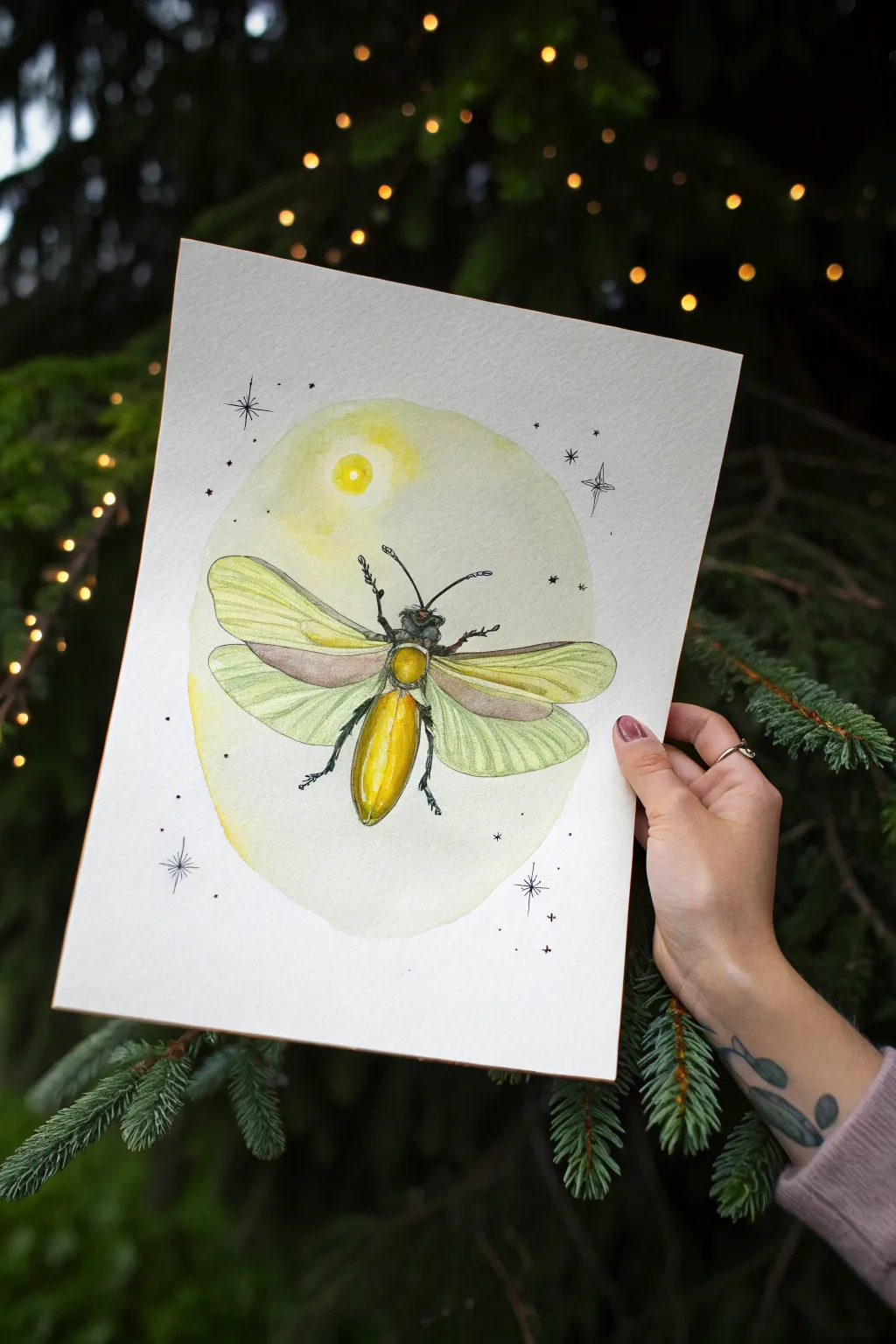 Delicate firefly with glowing abdomen on a velvety dark wash, minimalist and dreamy