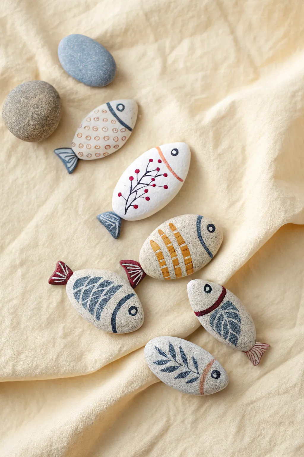 Tiny painted pebble fish school in soft Scandinavian hues with simple boho patterns and contrast.