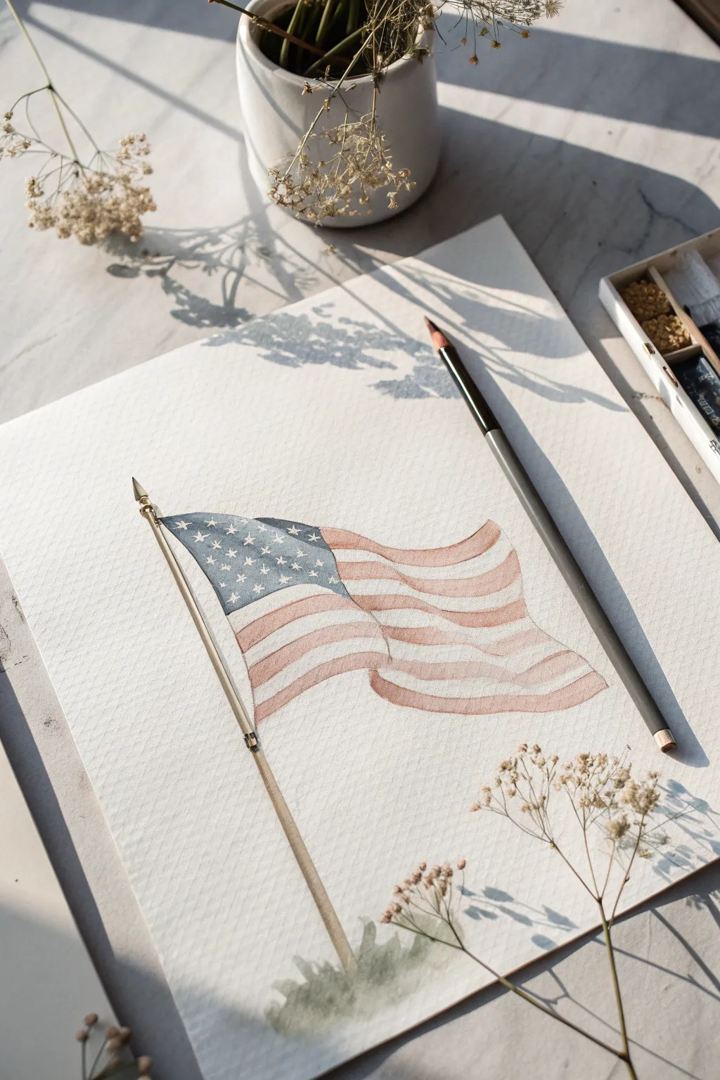 Loose watercolor washes and crisp pole lines create a breezy flag sketch with airy movement