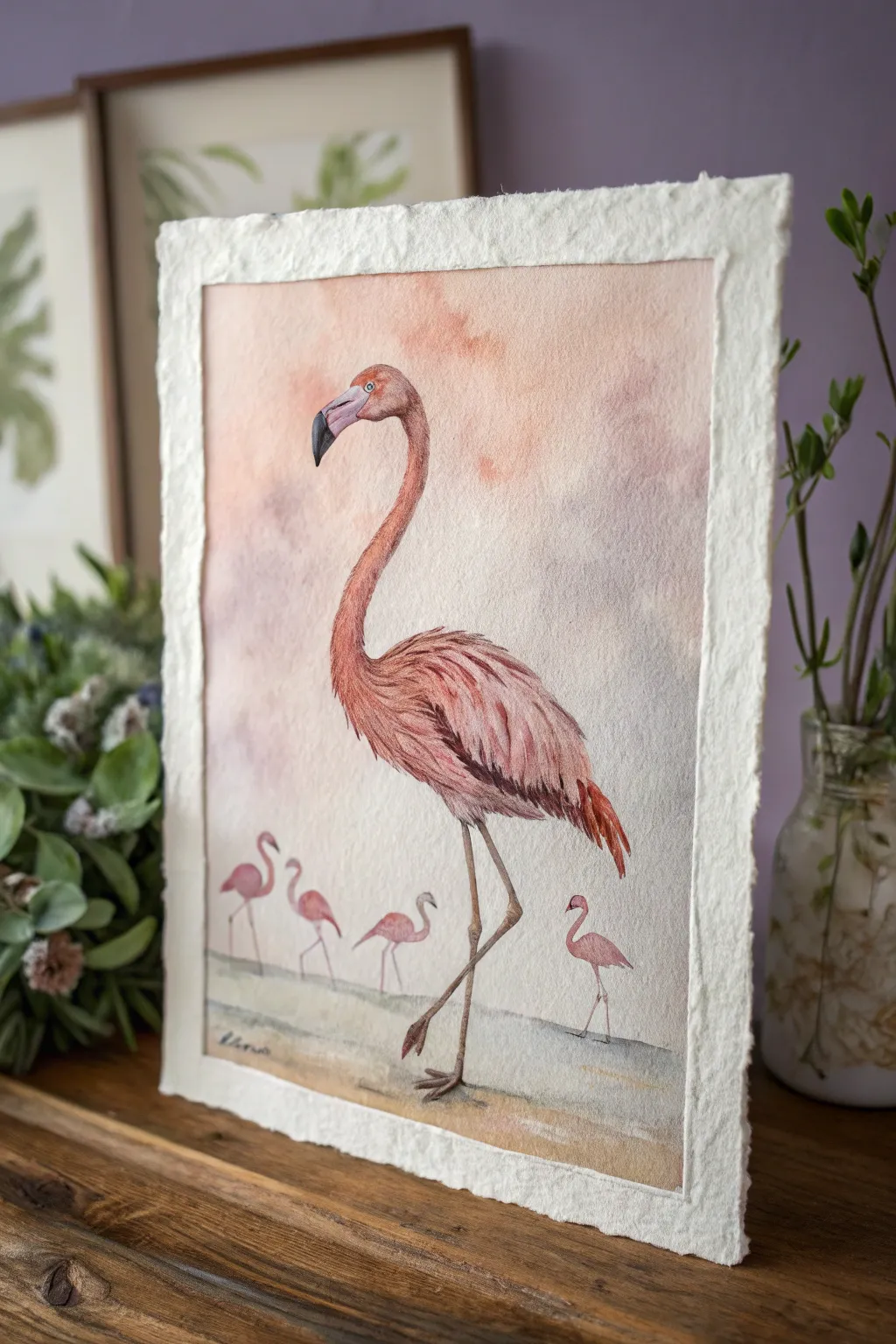 Foreground flamingo in crisp detail, with a soft distant flock fading into airy minimalist calm.