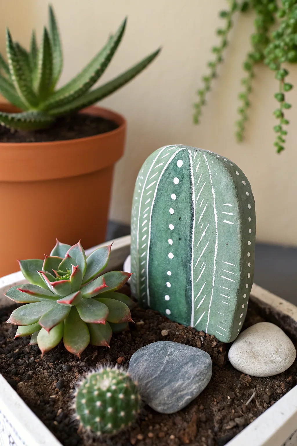 Minimal cactus-painted flat rock marker nestled in soil beside real succulents, clean boho style