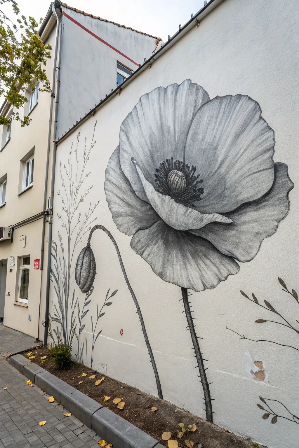 Monochrome poppy mural with bold contrast and soft plaster texture for minimalist drama.