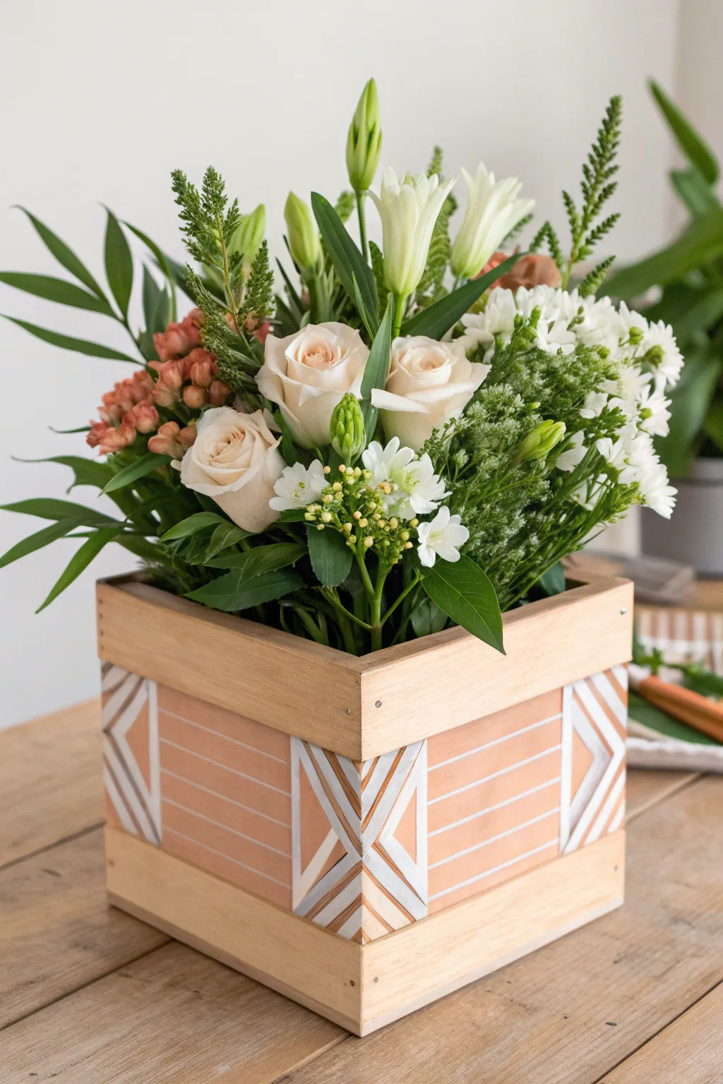 Modern tape-resist blocks on a flower box, captured mid-peel for that crisp geometric reveal