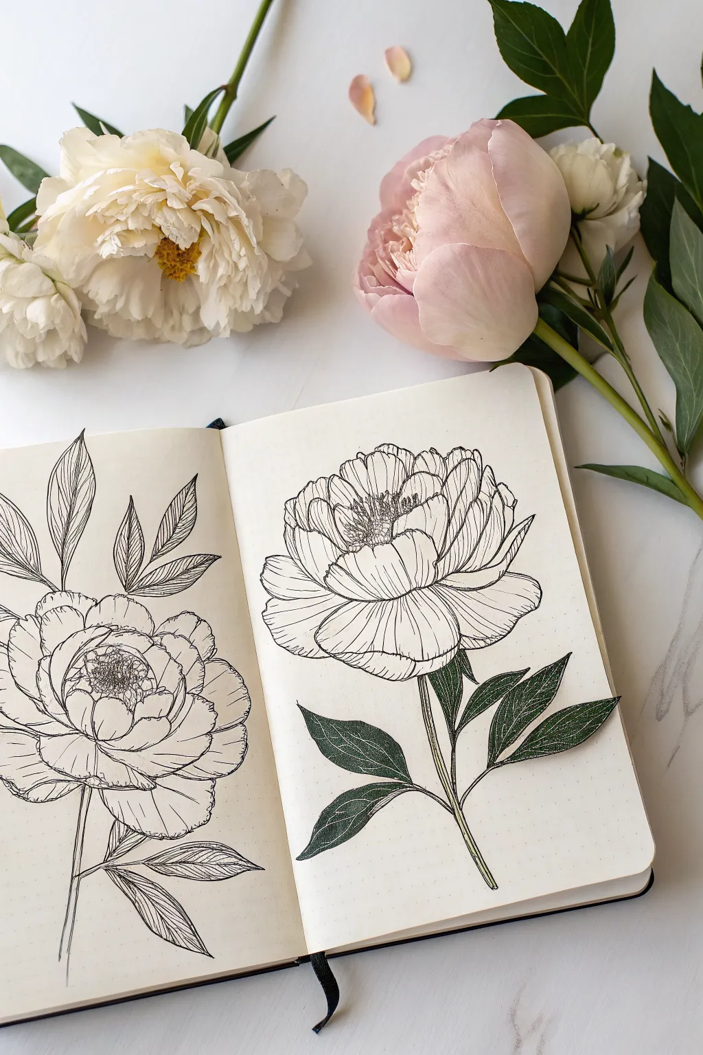 Two peony doodles like puffy petal clouds, minimalist lines with a soft boho blush wash