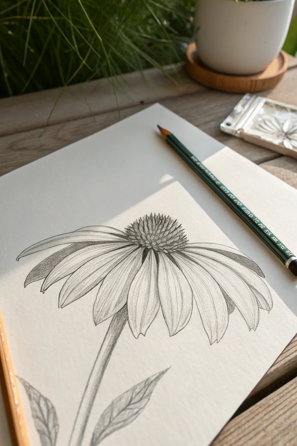 Easy coneflower sketch: droopy teardrop petals, spiky center texture, and soft pencil shading