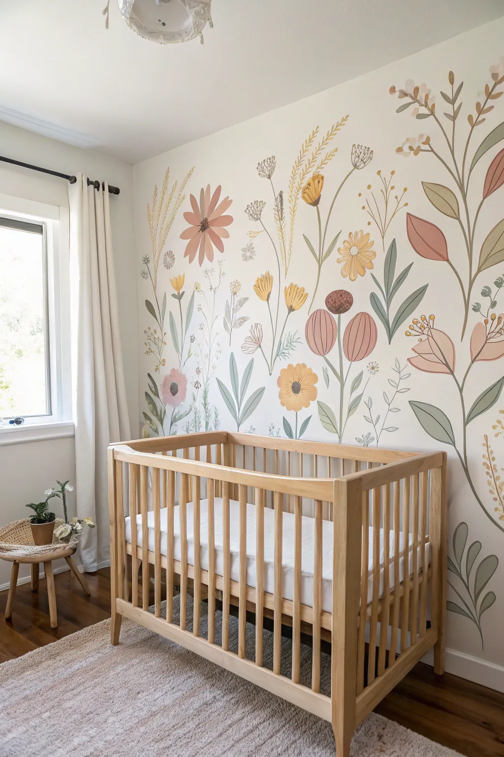 Gentle pastel flower mural above a minimal crib, sweet shapes for a calm Scandinavian nursery
