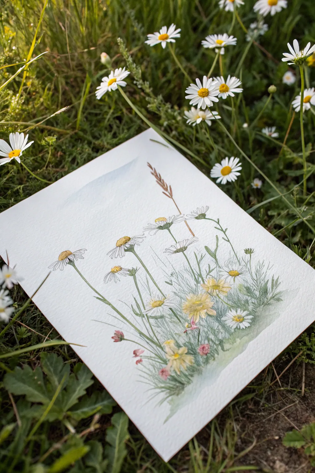 Minimal wildflower meadow painting with simple repeating blooms fading softly into the distance