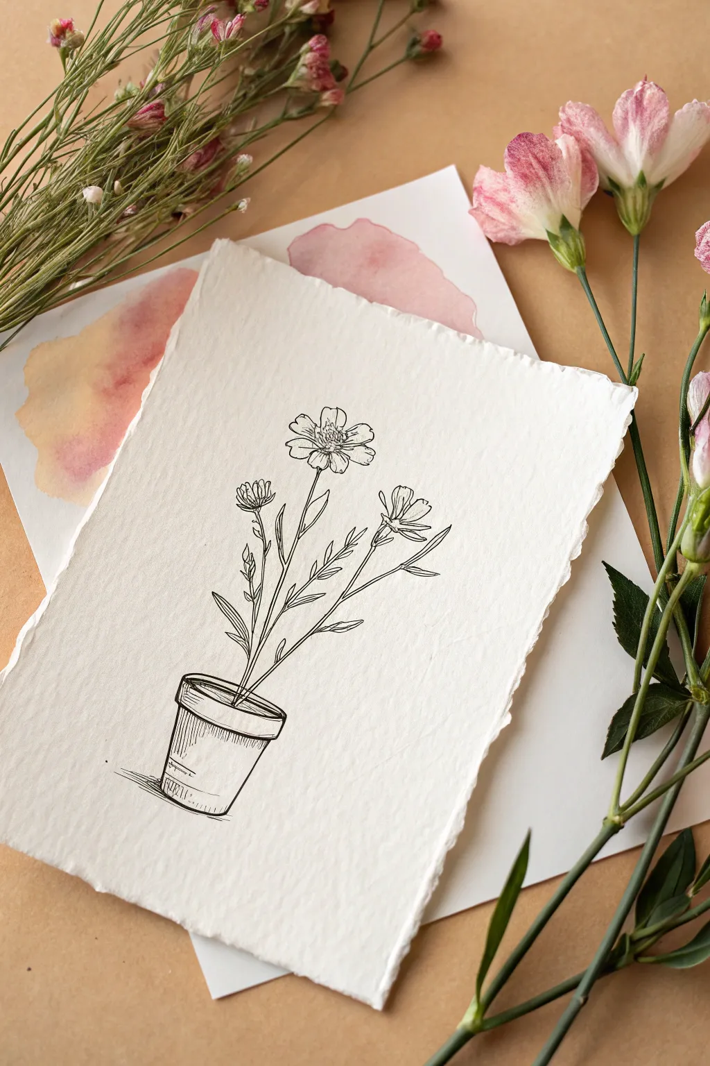Minimal line pot sketch with a soft watercolor halo, a simple way to elevate your drawing.