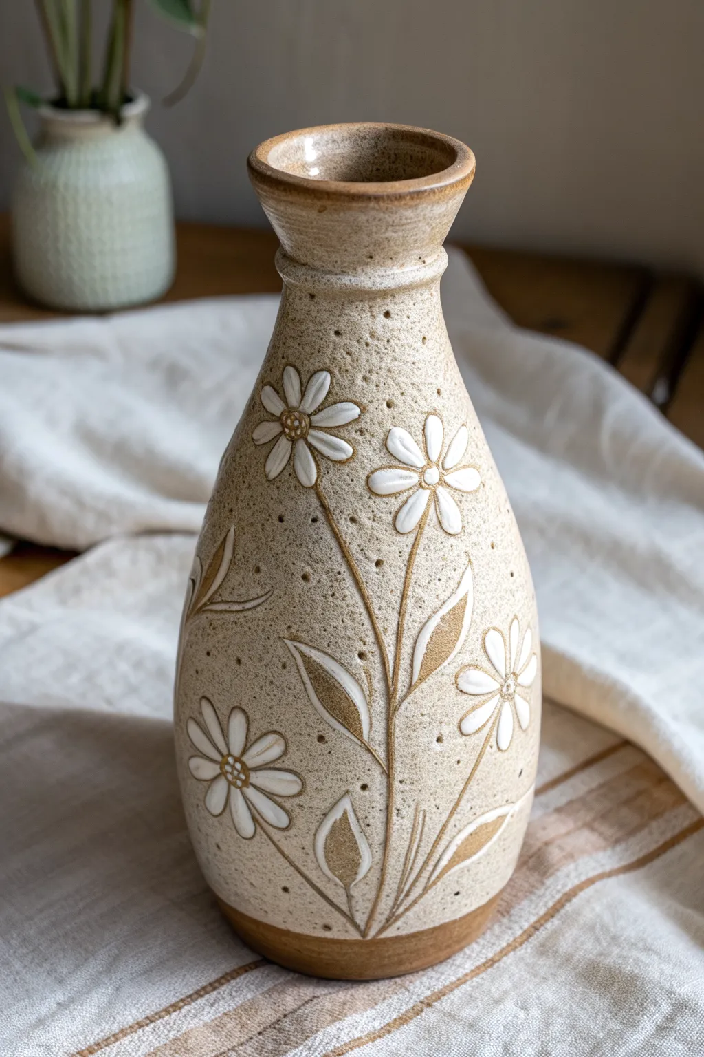 Crisp wax-resist blooms on a speckled glaze vase, lit to highlight handmade texture.