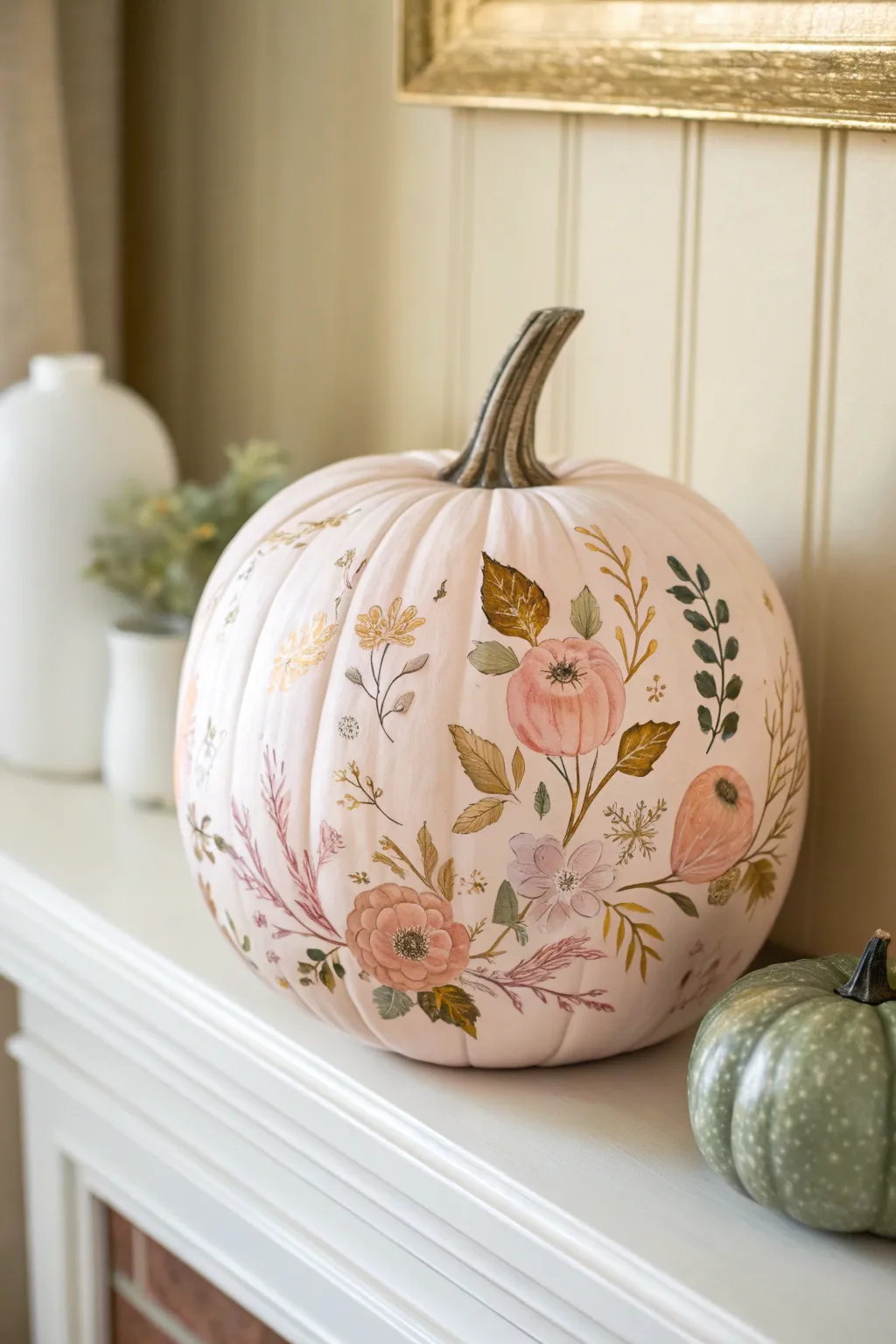 Boho floral pumpkin with subtle metallic accents that catch the light on petals and leaves