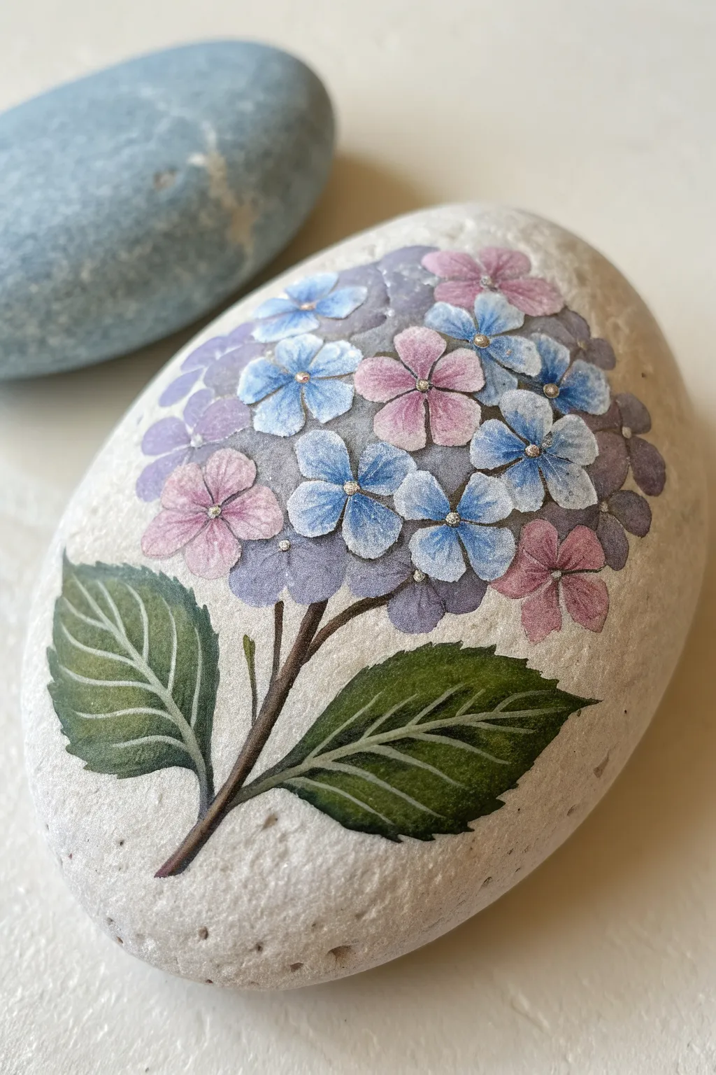 Dot painted hydrangea cluster on a smooth rock, soft blues and lilacs on a minimalist backdrop