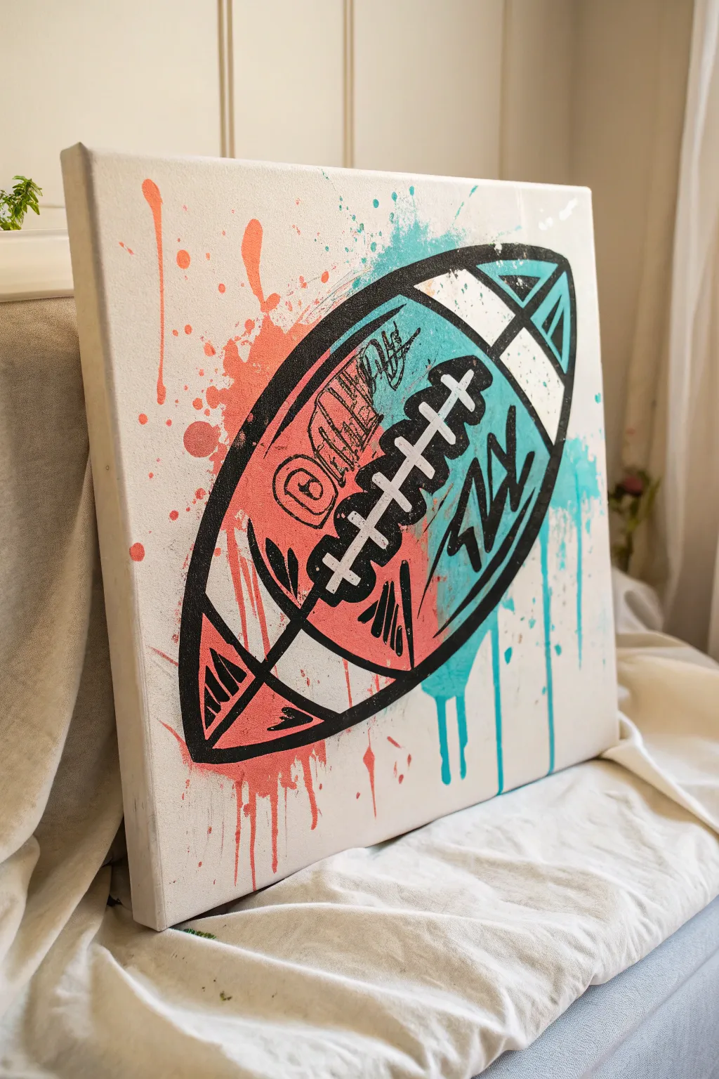 Minimalist graffiti football art with bold drips, spray texture, and high-contrast color pop